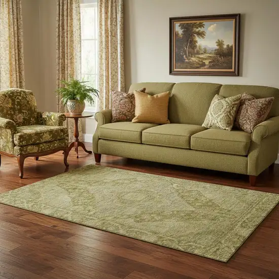 Artichoke Green And Beige Oriental Washable Area Rug With UV Protection Photo 2