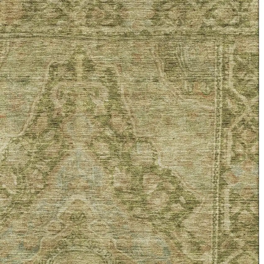 Artichoke Green And Beige Oriental Washable Area Rug With UV Protection Photo 3