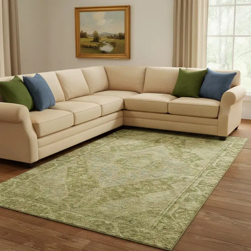 Artichoke Green And Beige Oriental Washable Area Rug With UV Protection Photo 2