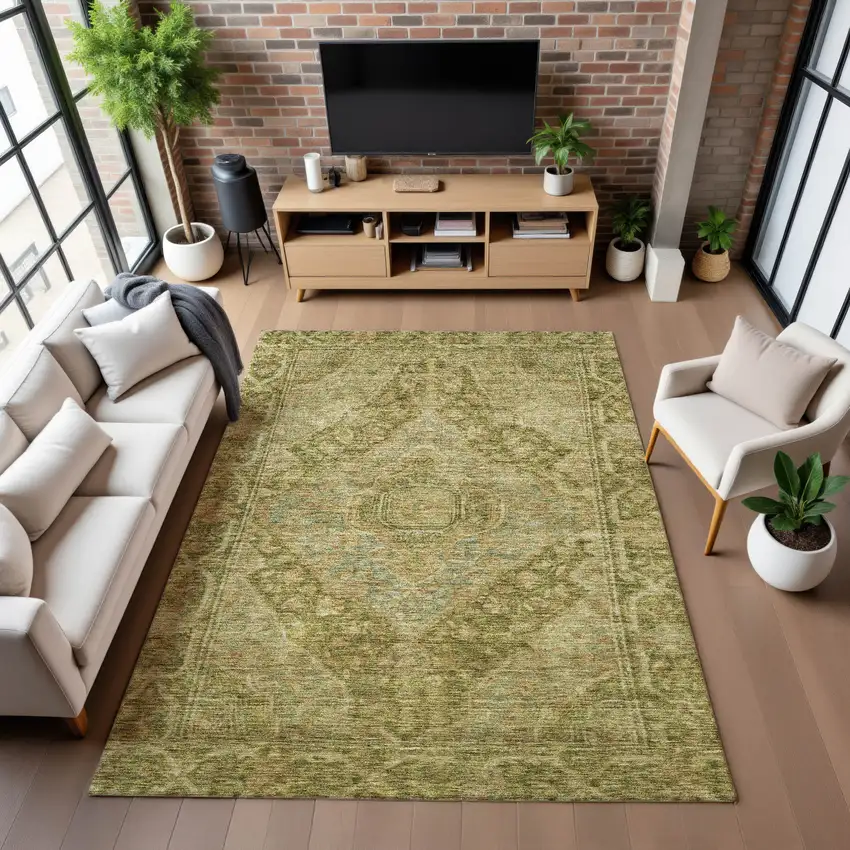 Artichoke Green And Beige Oriental Washable Area Rug With UV Protection Photo 5