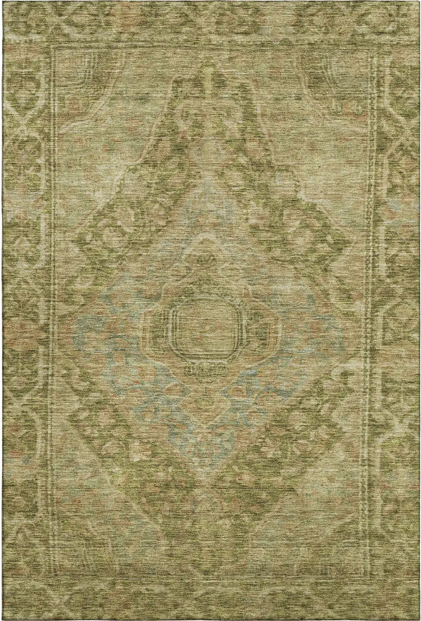 Artichoke Green And Beige Oriental Washable Area Rug With UV Protection Photo 1