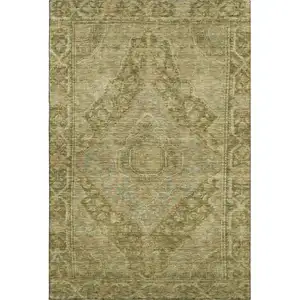 Photo of Artichoke Green And Beige Oriental Washable Area Rug With UV Protection