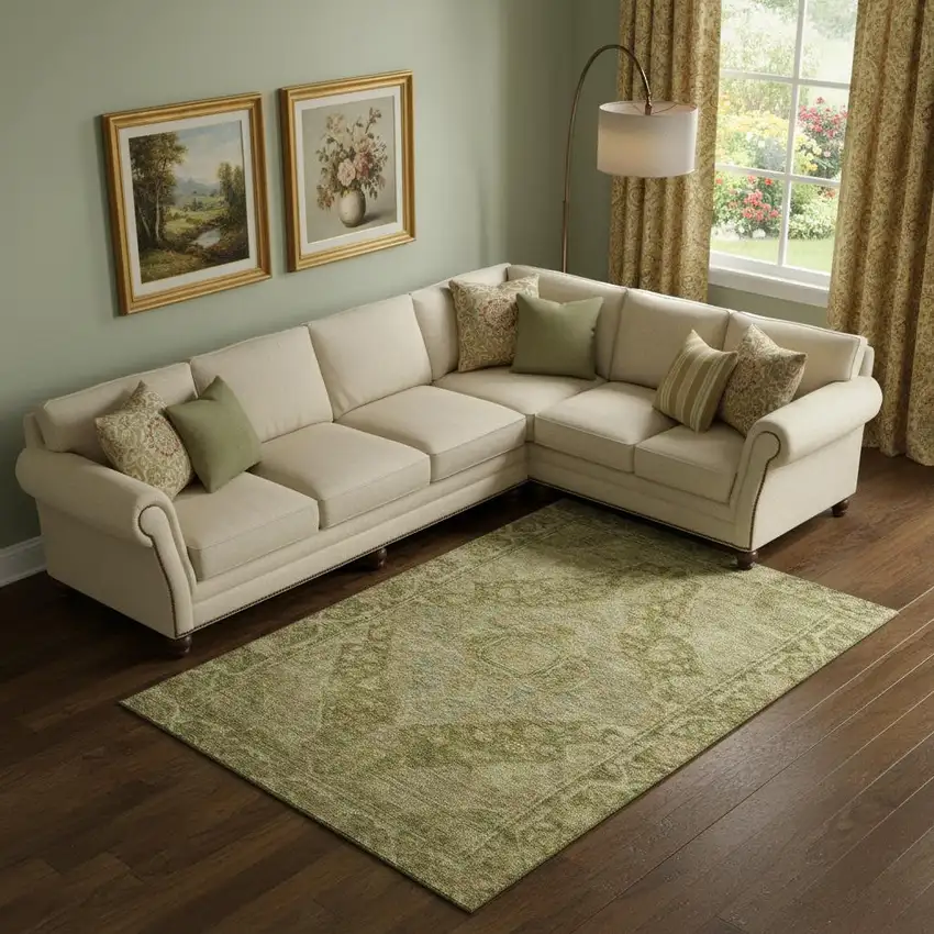 Artichoke Green And Beige Oriental Washable Area Rug With UV Protection Photo 2