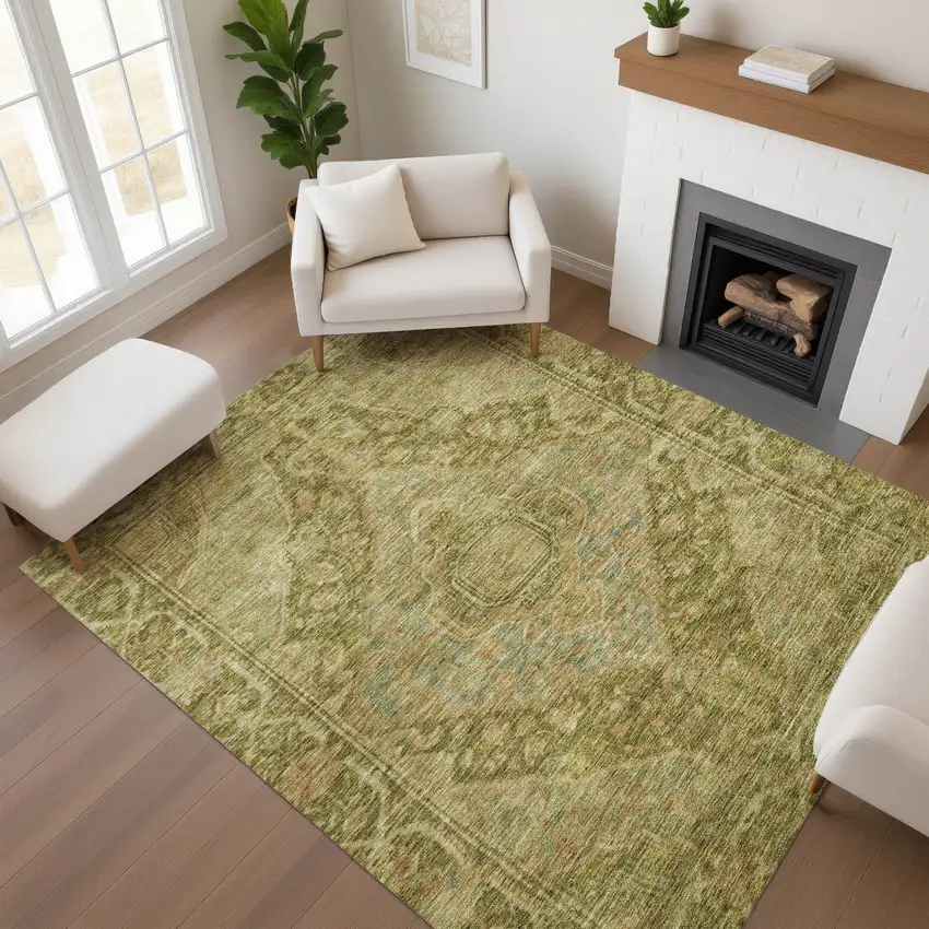 Artichoke Green And Beige Oriental Washable Area Rug With UV Protection Photo 4