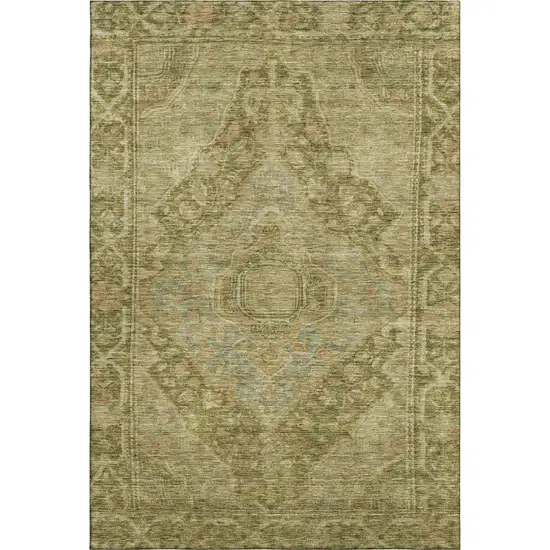 Artichoke Green And Beige Oriental Washable Area Rug With UV Protection Photo 1