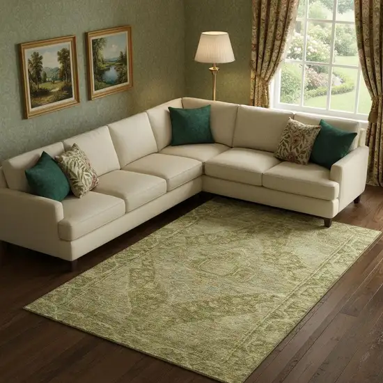 Artichoke Green And Beige Oriental Washable Area Rug With UV Protection Photo 2