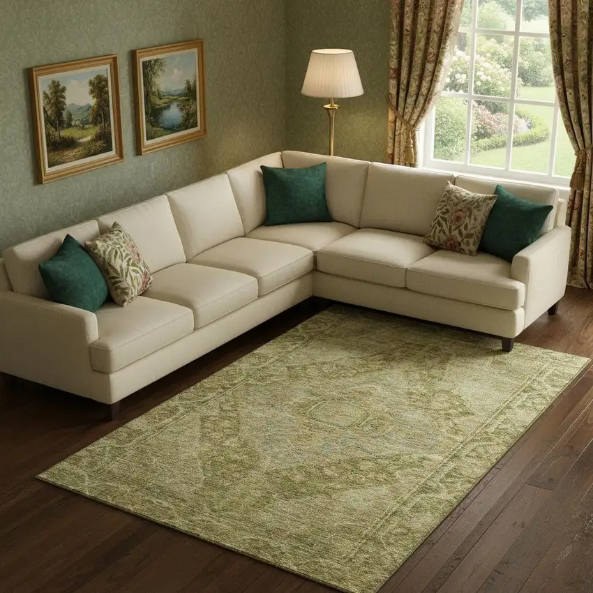 Artichoke Green And Beige Oriental Washable Area Rug With UV Protection Photo 2