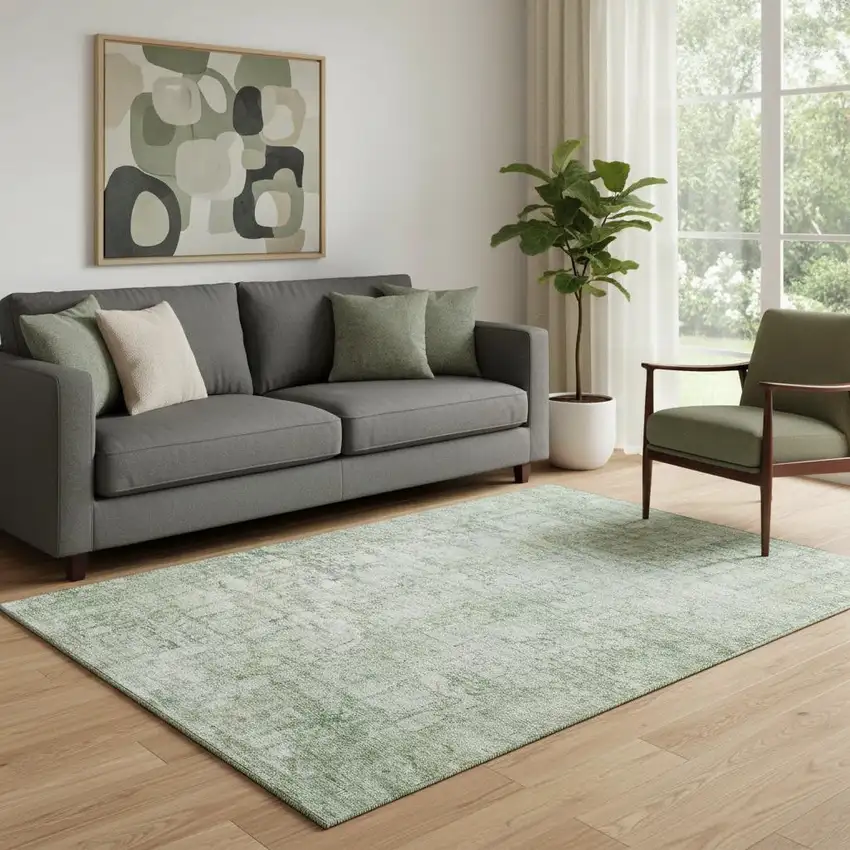 Artichoke Green And Beige Oriental Washable Area Rug With UV Protection Photo 2