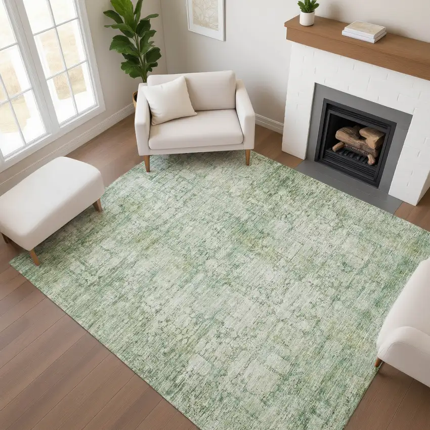 Artichoke Green And Beige Oriental Washable Area Rug With UV Protection Photo 4