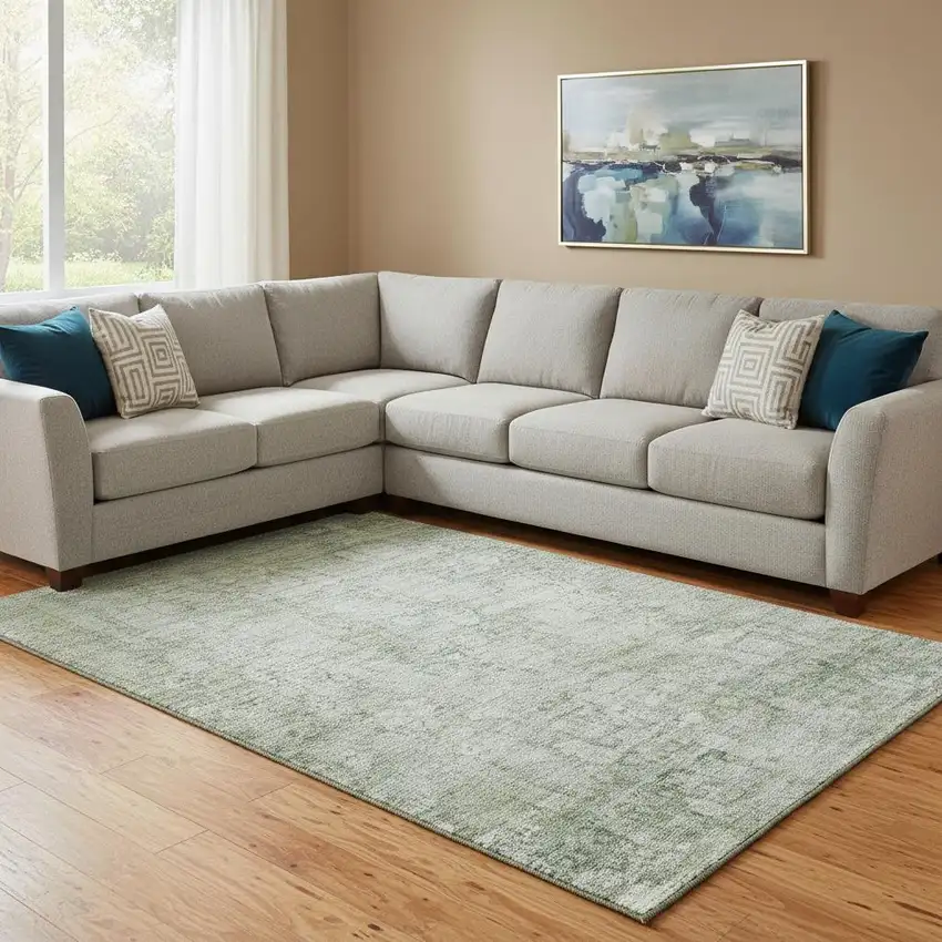 Artichoke Green And Beige Oriental Washable Area Rug With UV Protection Photo 2