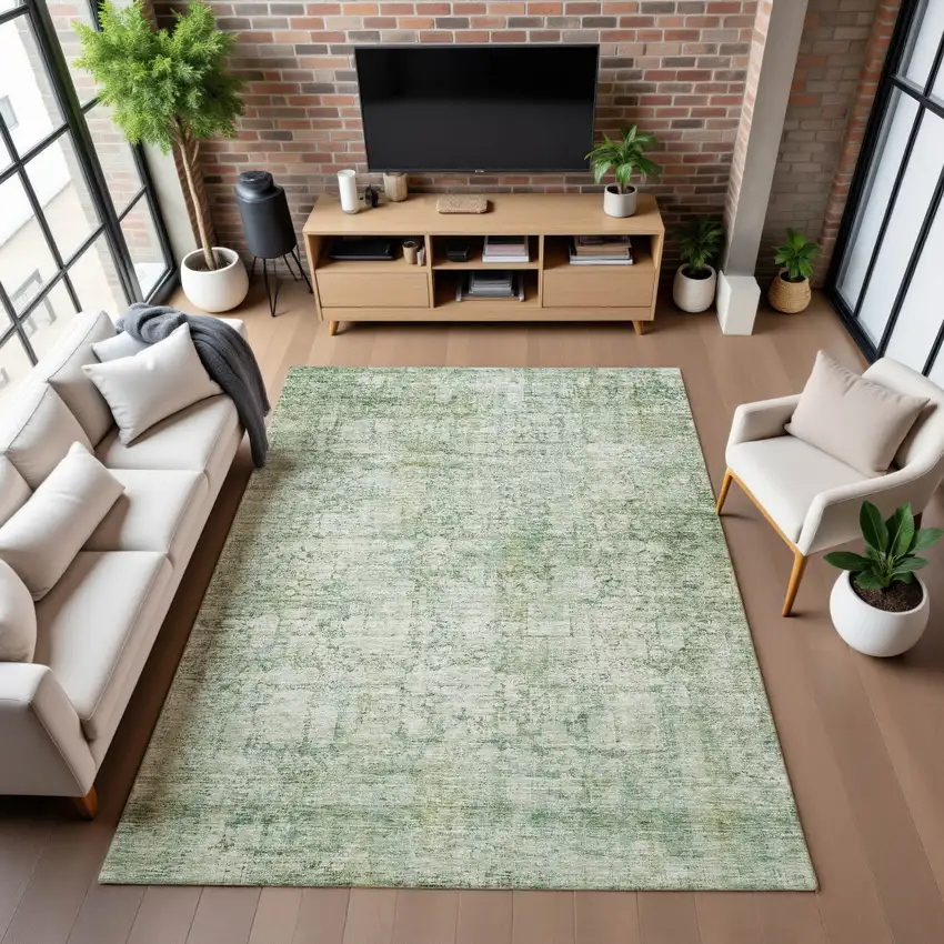 Artichoke Green And Beige Oriental Washable Area Rug With UV Protection Photo 5