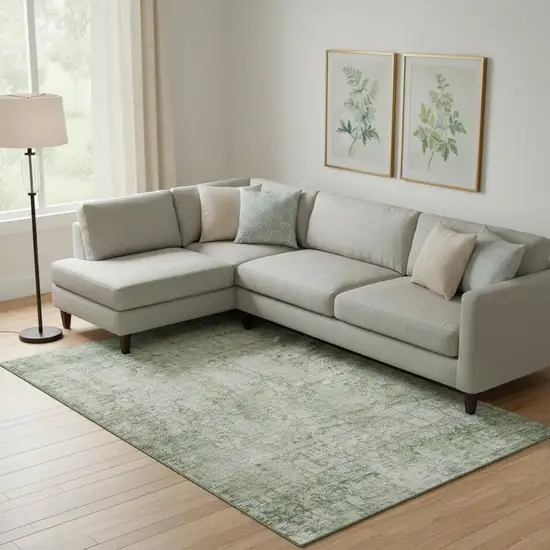 Artichoke Green And Beige Oriental Washable Area Rug With UV Protection Photo 2