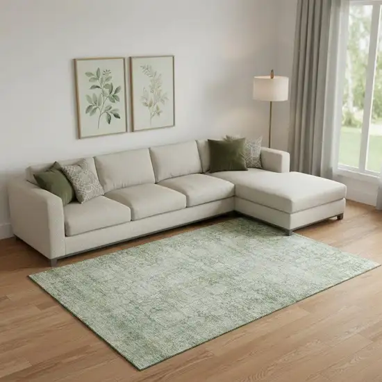 Artichoke Green And Beige Oriental Washable Area Rug With UV Protection Photo 2