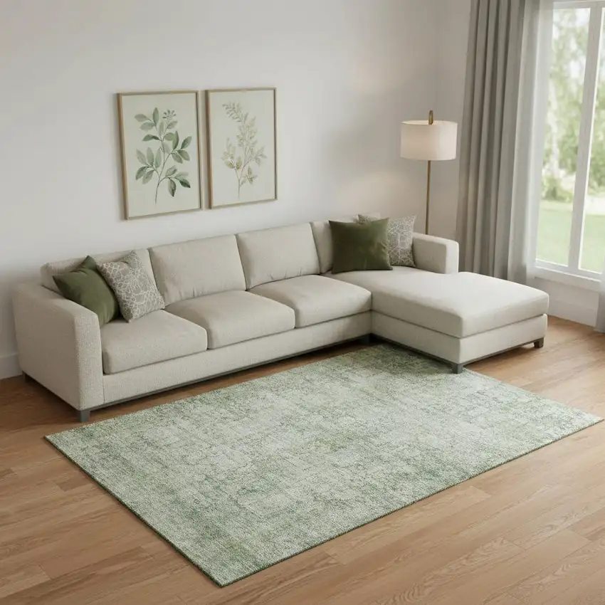 Artichoke Green And Beige Oriental Washable Area Rug With UV Protection Photo 2