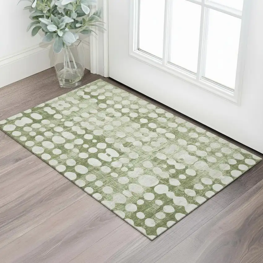 Artichoke Green And Beige Polka Dot Washable Area Rug With UV Protection Photo 1
