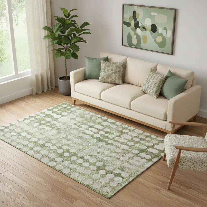 Artichoke Green And Beige Polka Dot Washable Area Rug With UV Protection Photo 1