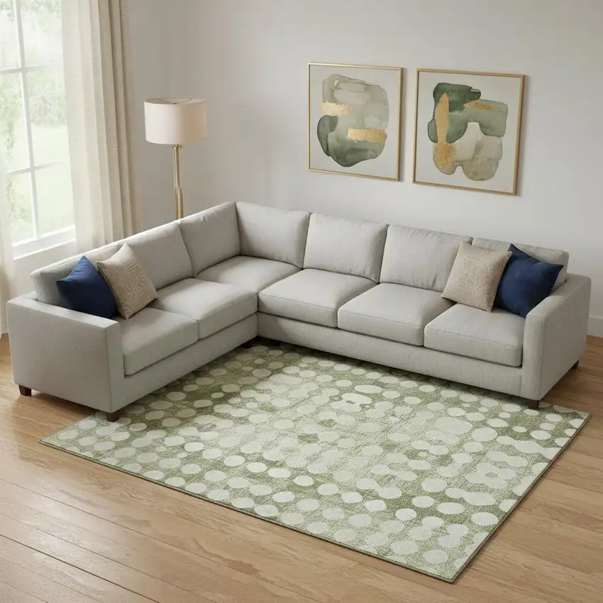 Artichoke Green And Beige Polka Dot Washable Area Rug With UV Protection Photo 1