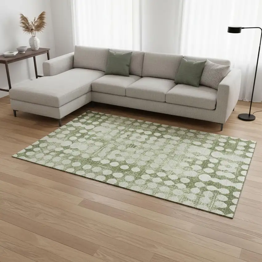 Artichoke Green And Beige Polka Dot Washable Area Rug With UV Protection Photo 2