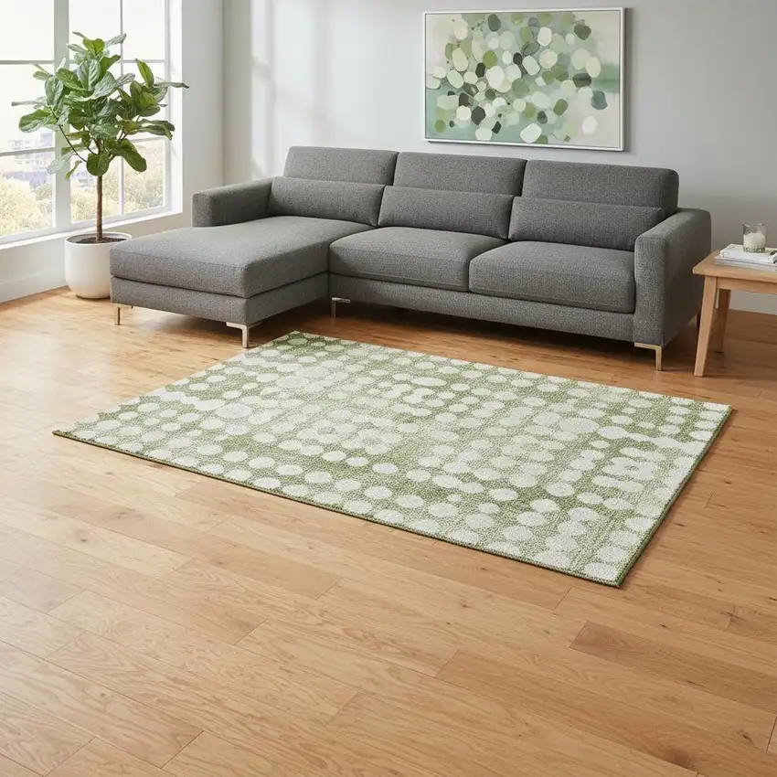 Artichoke Green And Beige Polka Dot Washable Area Rug With UV Protection Photo 2