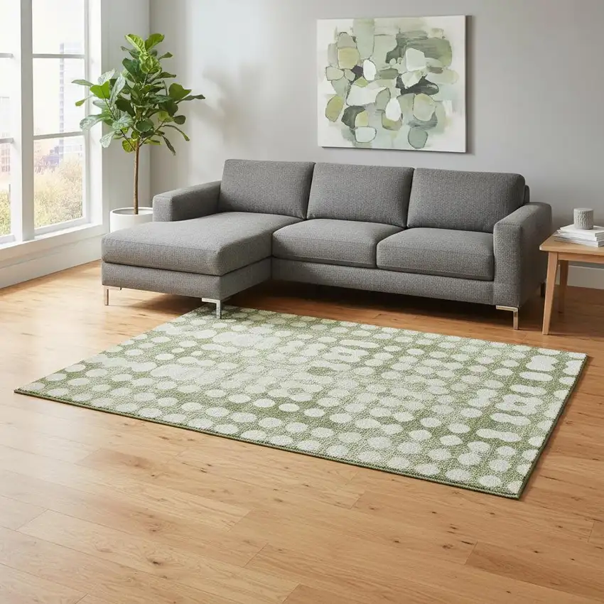 Artichoke Green And Beige Polka Dot Washable Area Rug With UV Protection Photo 2