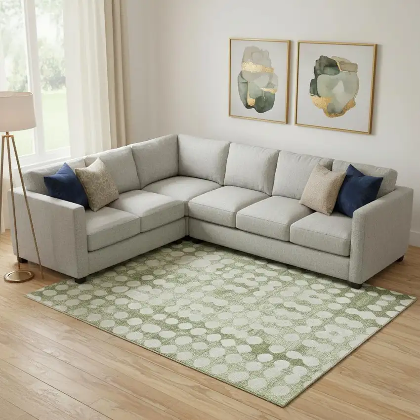 Artichoke Green And Beige Polka Dot Washable Area Rug With UV Protection Photo 1