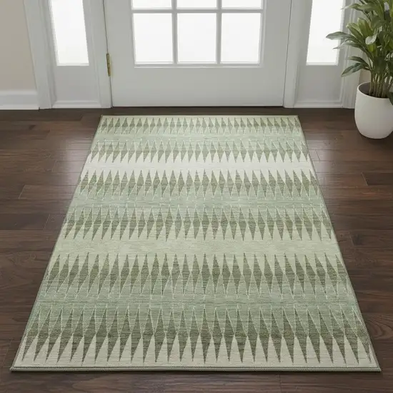Artichoke Green And Beige Striped Washable Area Rug With UV Protection Photo 2