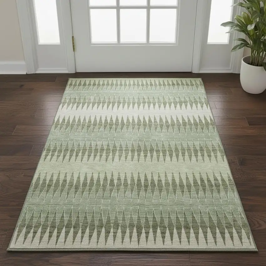 Artichoke Green And Beige Striped Washable Area Rug With UV Protection Photo 2