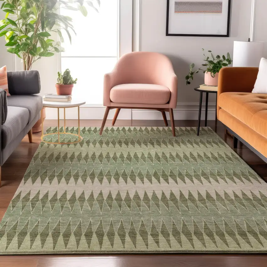 Artichoke Green And Beige Striped Washable Area Rug With UV Protection Photo 4