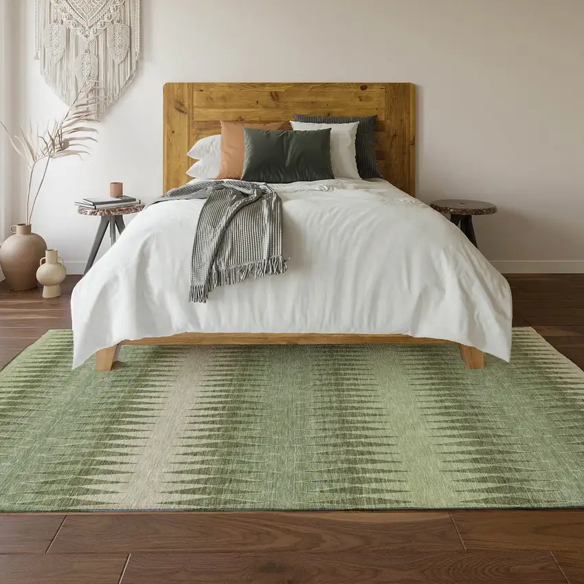 Artichoke Green And Beige Striped Washable Area Rug With UV Protection Photo 5