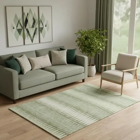 Artichoke Green And Beige Striped Washable Area Rug With UV Protection Photo 1