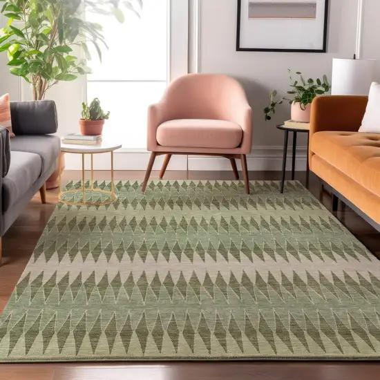 Artichoke Green And Beige Striped Washable Area Rug With UV Protection Photo 4