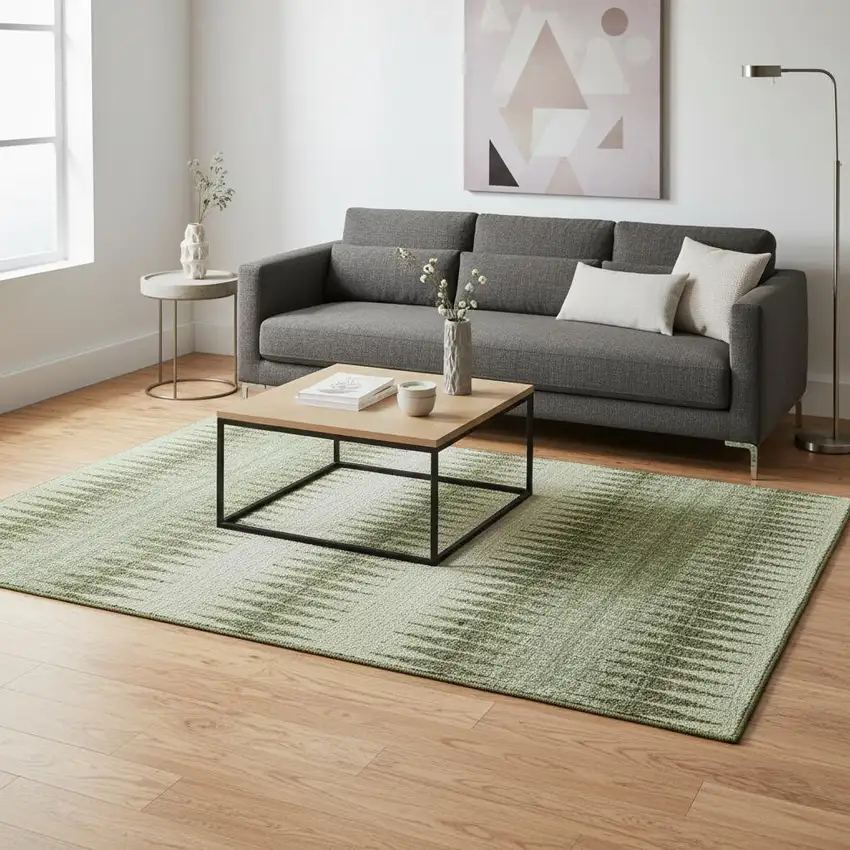 Artichoke Green And Beige Striped Washable Area Rug With UV Protection Photo 2