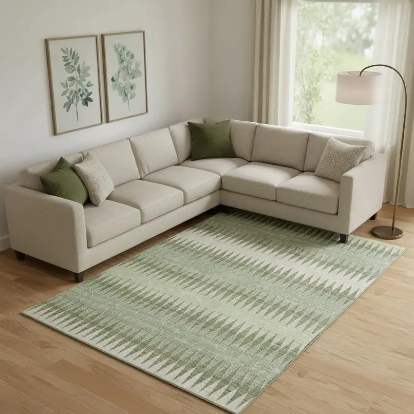 Artichoke Green And Beige Striped Washable Area Rug With UV Protection Photo 1