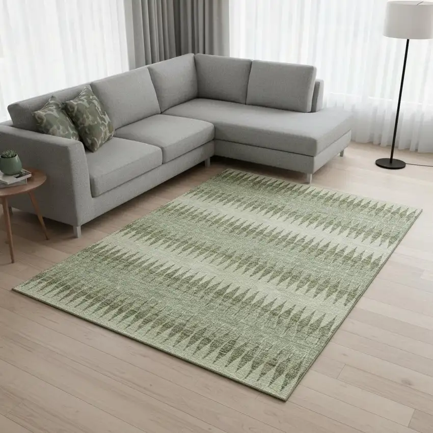 Artichoke Green And Beige Striped Washable Area Rug With UV Protection Photo 2