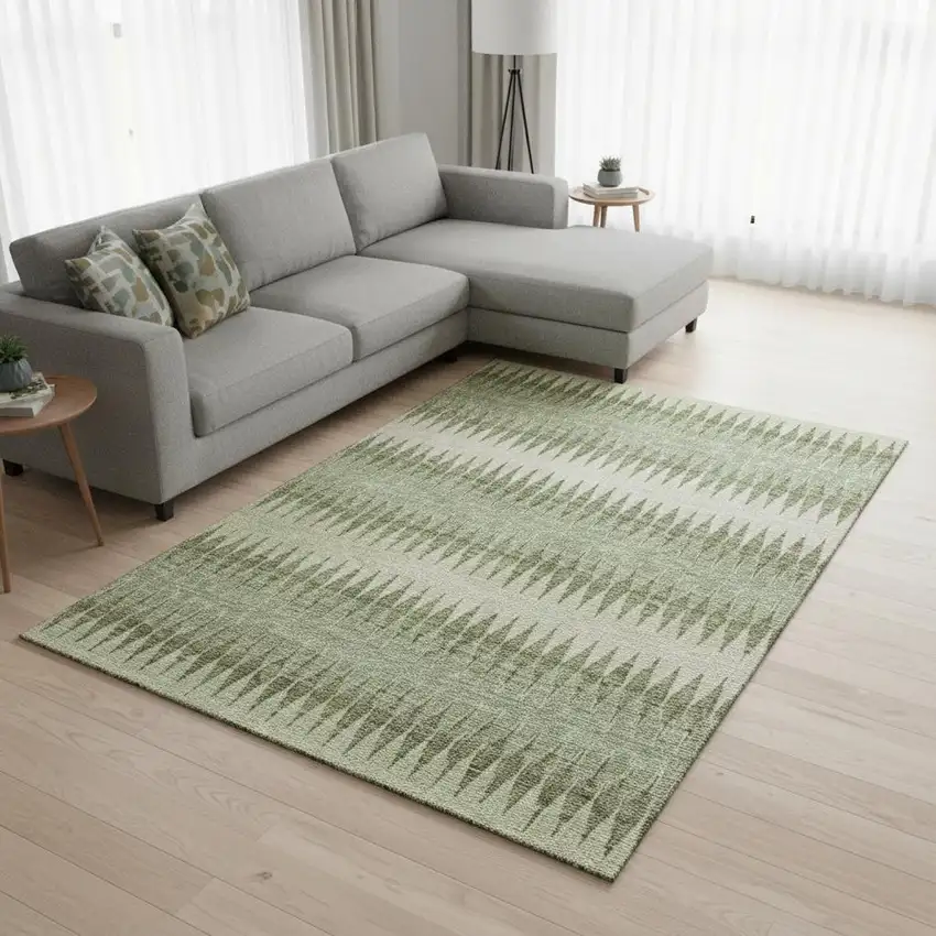 Artichoke Green And Beige Striped Washable Area Rug With UV Protection Photo 2