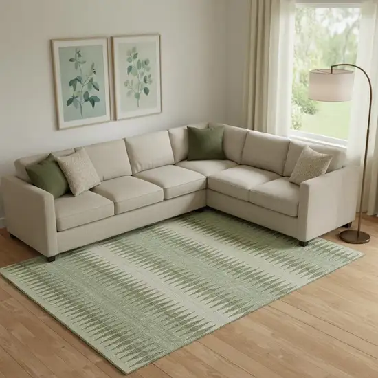 Artichoke Green And Beige Striped Washable Area Rug With UV Protection Photo 1