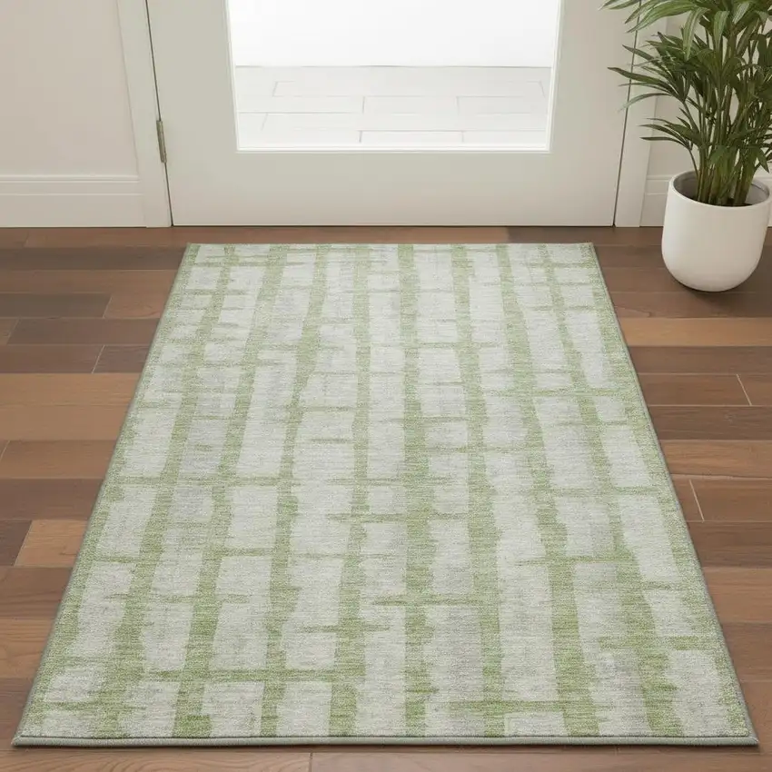 Artichoke Green And Beige Striped Washable Area Rug With UV Protection Photo 2