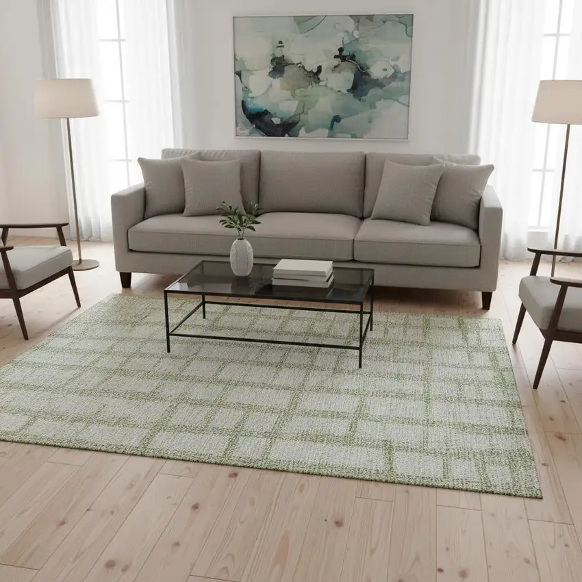 Artichoke Green And Beige Striped Washable Area Rug With UV Protection Photo 2