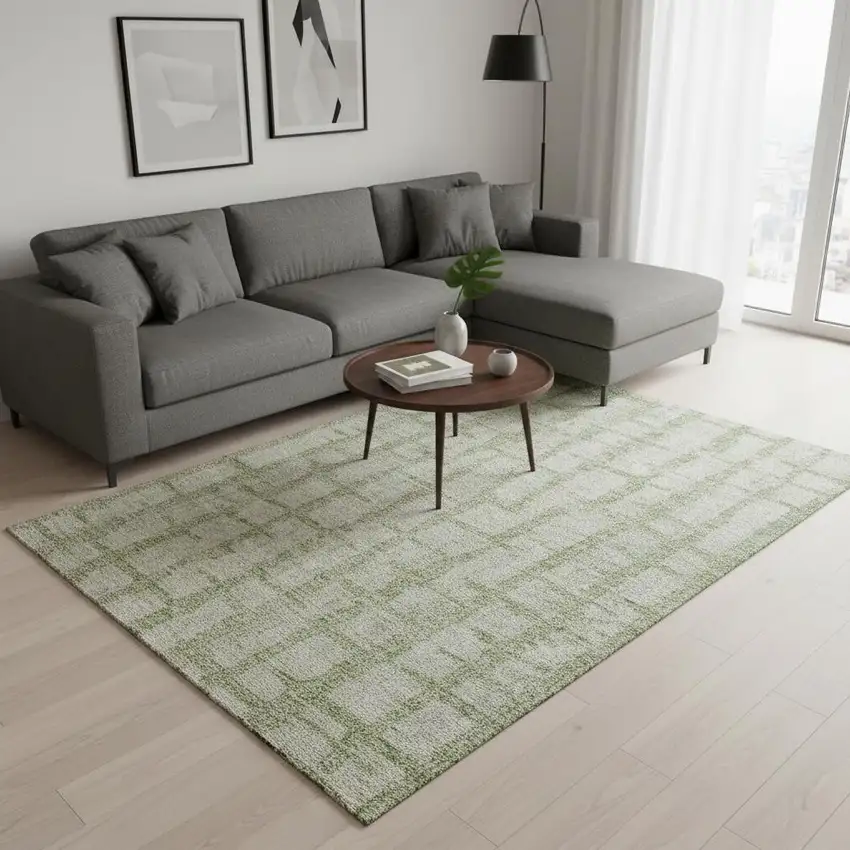 Artichoke Green And Beige Striped Washable Area Rug With UV Protection Photo 2