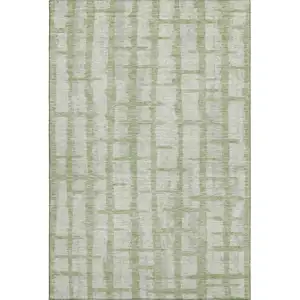 Photo of Artichoke Green And Beige Striped Washable Area Rug With UV Protection