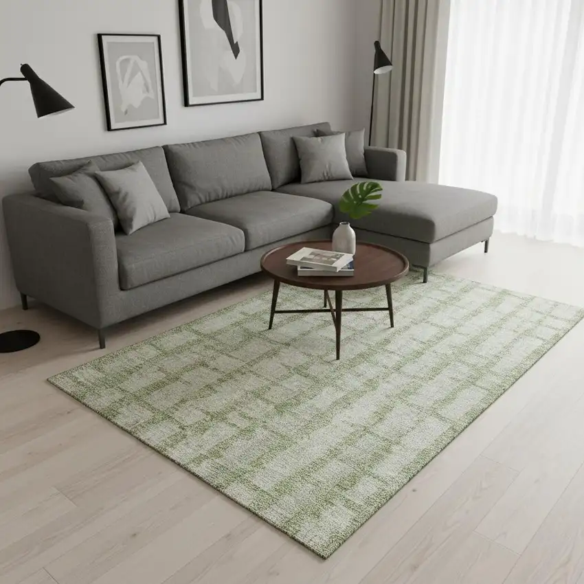 Artichoke Green And Beige Striped Washable Area Rug With UV Protection Photo 2