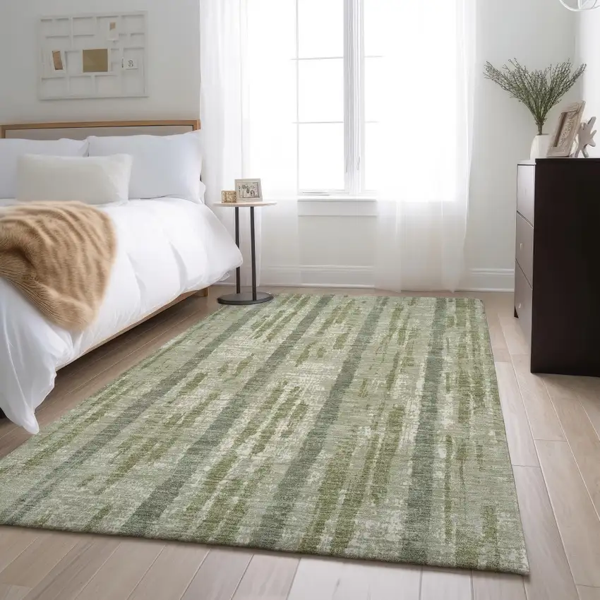 Artichoke Green And Beige Striped Washable Area Rug With UV Protection Photo 2
