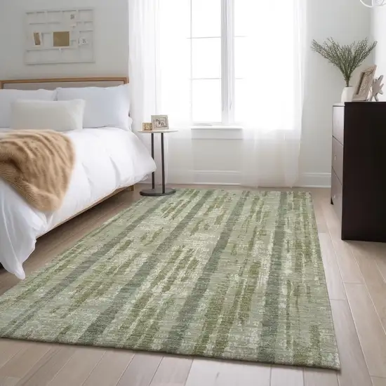 Artichoke Green And Beige Striped Washable Area Rug With UV Protection Photo 2