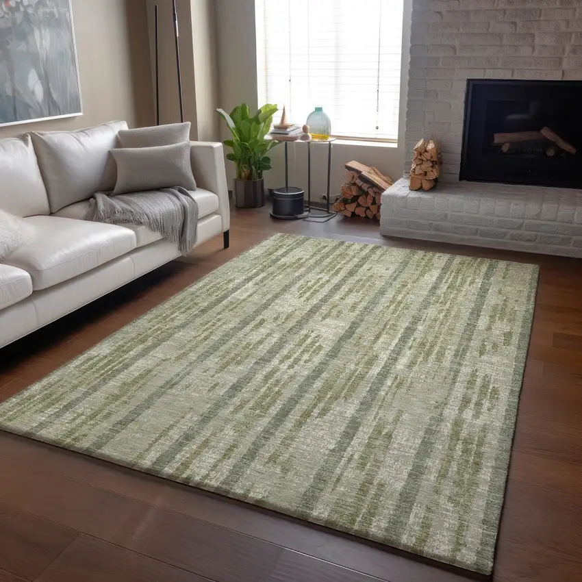 Artichoke Green And Beige Striped Washable Area Rug With UV Protection Photo 1