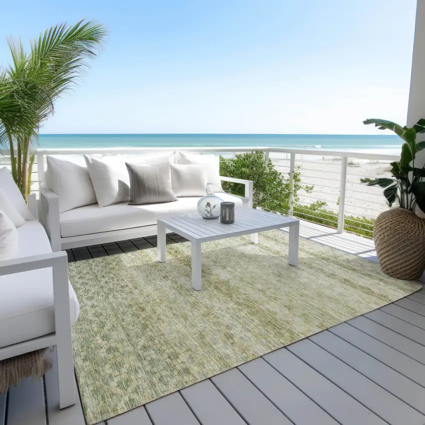 Artichoke Green And Beige Striped Washable Indoor Outdoor Area Rug Photo 8