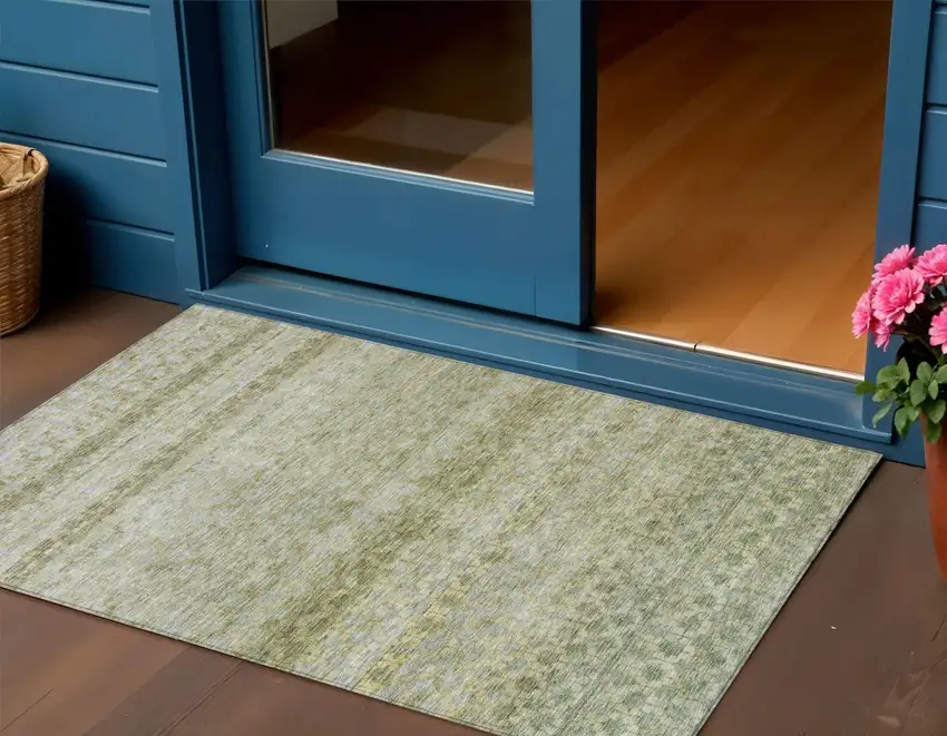 Artichoke Green And Beige Striped Washable Indoor Outdoor Area Rug Photo 1