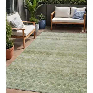 Photo of Artichoke Green And Beige Striped Washable Indoor Outdoor Area Rug