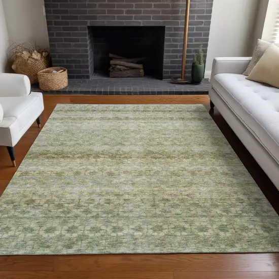 Artichoke Green And Beige Striped Washable Indoor Outdoor Area Rug Photo 9