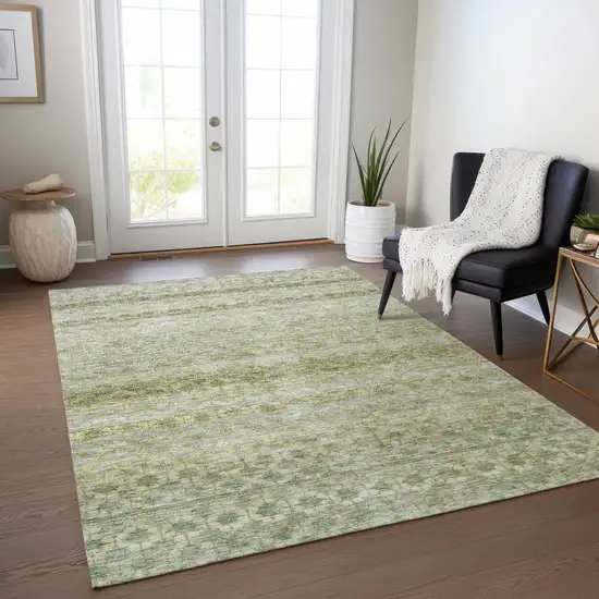 Artichoke Green And Beige Striped Washable Indoor Outdoor Area Rug Photo 9