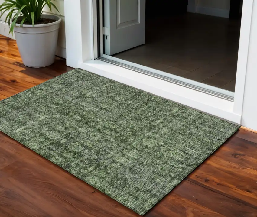 Artichoke Green And Black Damask Washable Indoor Outdoor Area Rug Photo 1